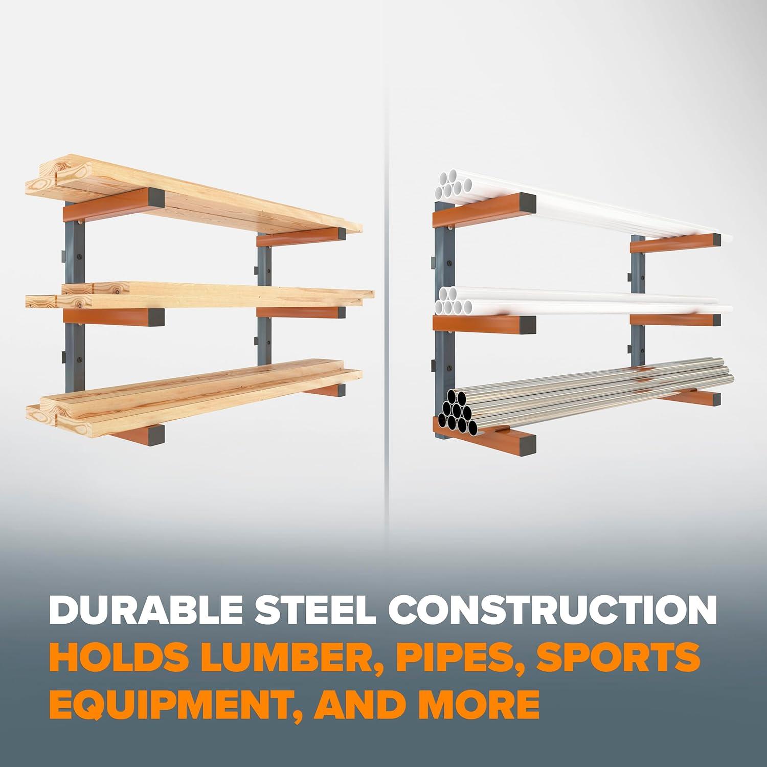 imageBORA 3Level Wood Storage Rack WallMounted Hanging Shelf for Lumber Garage Wall Storage Space Saver for Workshop Heavy Duty 300 lb Capacity Metal Wood Rack System  PBR0310 OrangeBlack